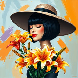 A stylized, colorful portrait of an elegant woman with short black bob hair, wearing a large wide-brimmed hat