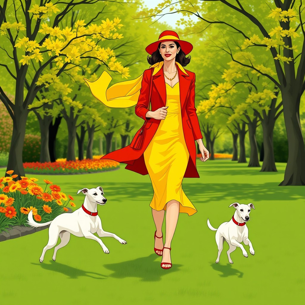 A stylish woman gracefully walking in a lush green park reminiscent of spring in September, radiating a relaxed elegance