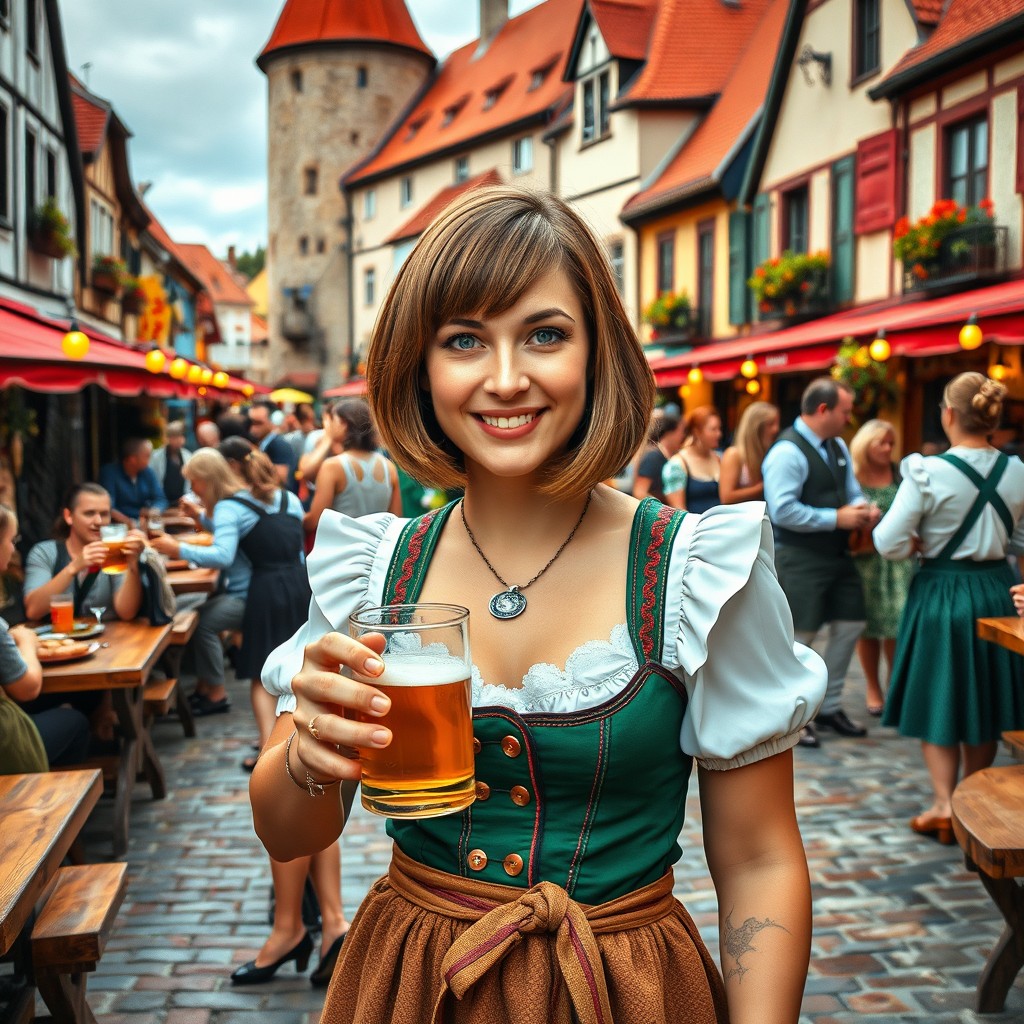 A charming canal town under the red-roofed Wittelsbach Castle is alive with festival spirit! The aroma of freshly baked bread mingles with the warm spices of beer and the salty scent of pickles, as music and laughter fill the streets