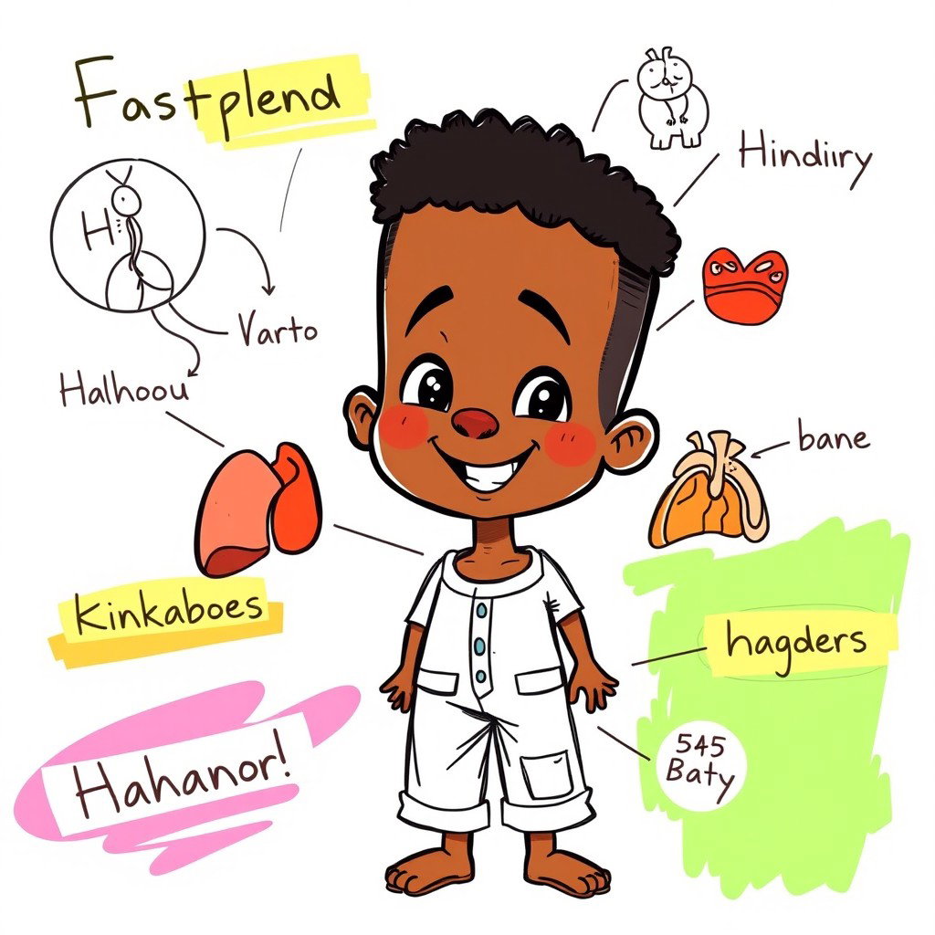 A colorful sketch-style educational poster featuring an African little boy, depicted in a cartoonish 2D style