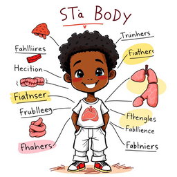 A colorful sketch-style educational poster featuring an African little boy, depicted in a cartoonish 2D style