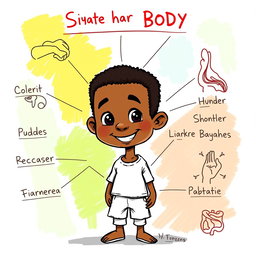 A colorful sketch-style educational poster featuring an African little boy, depicted in a cartoonish 2D style