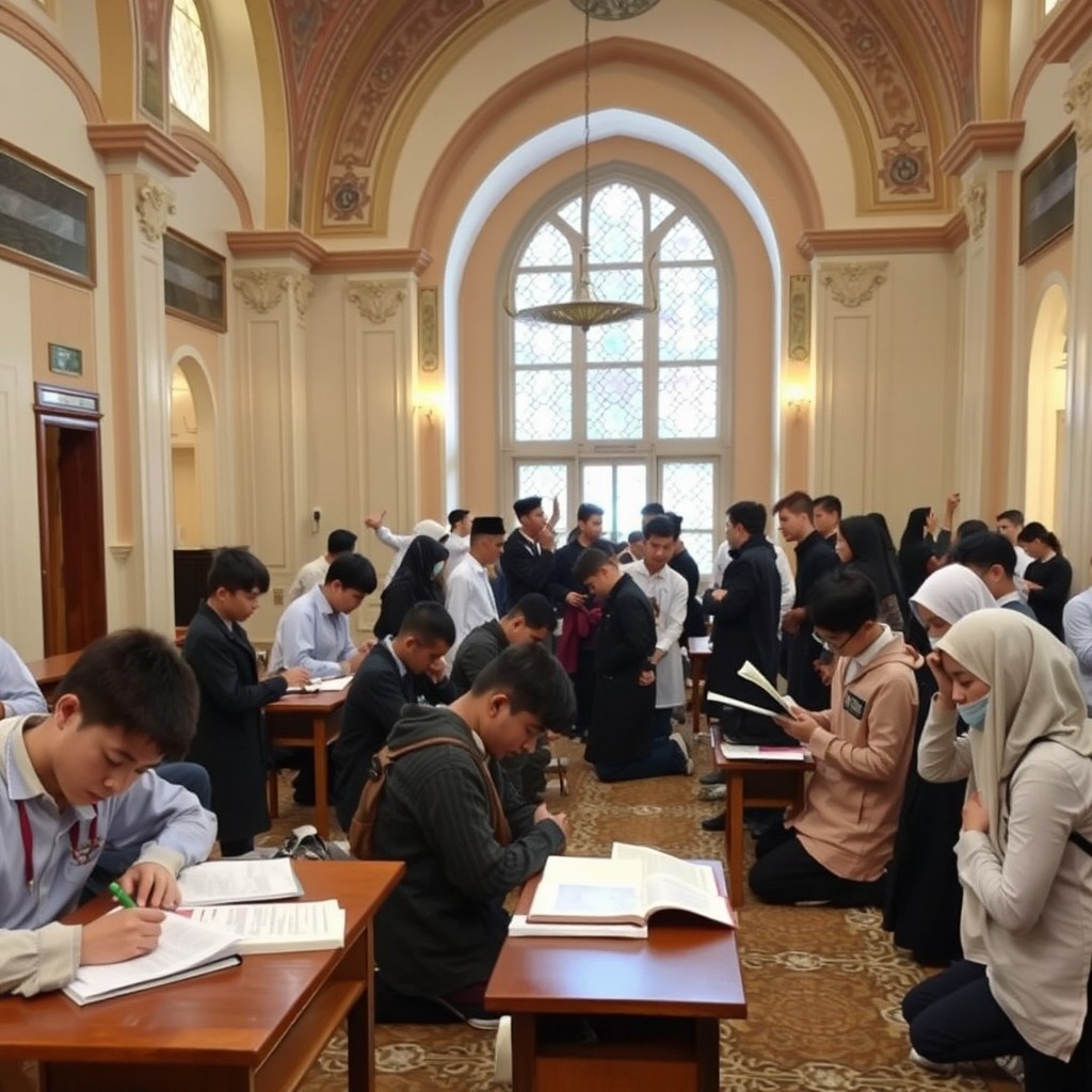An engaging and peaceful scene inside a mosque where students are involved in various activities