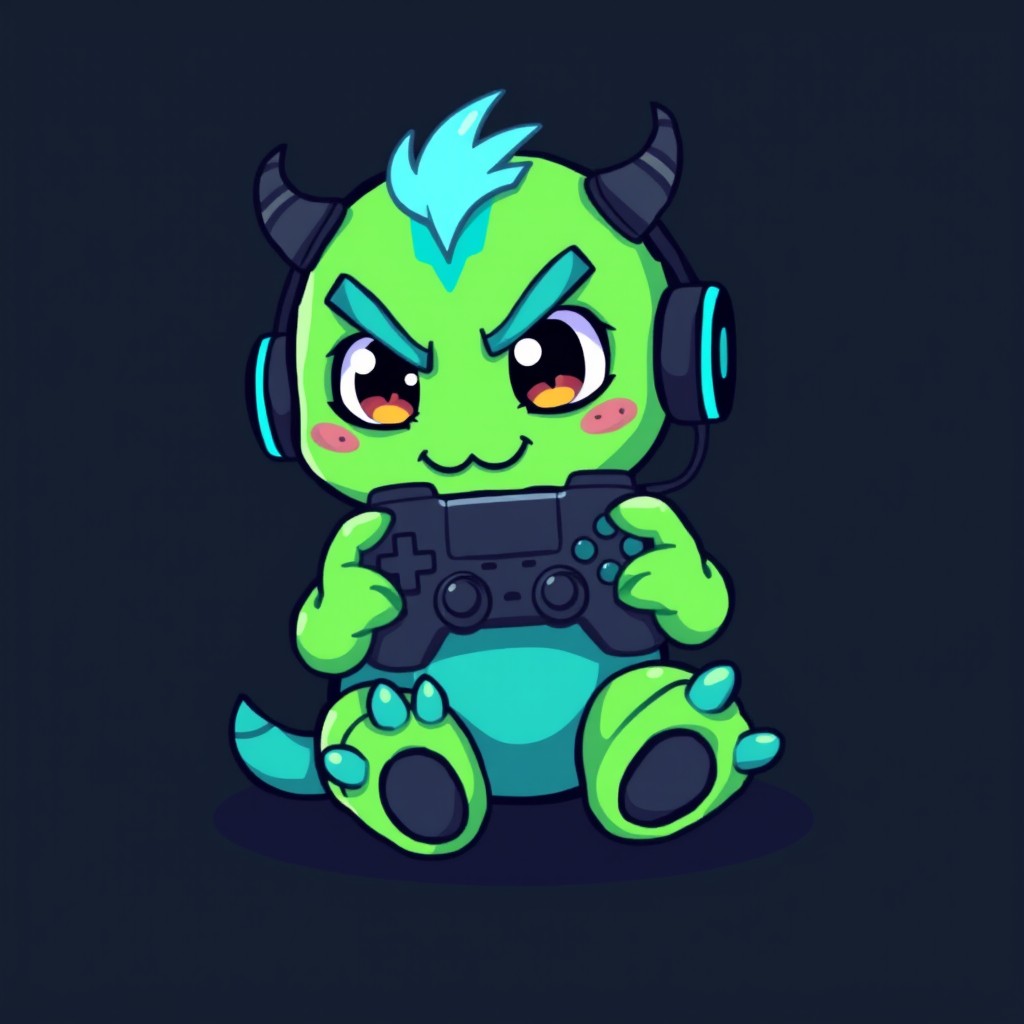 A cute and slightly mischievous pixel art chibi monster, sitting and holding a game controller in its tiny hands