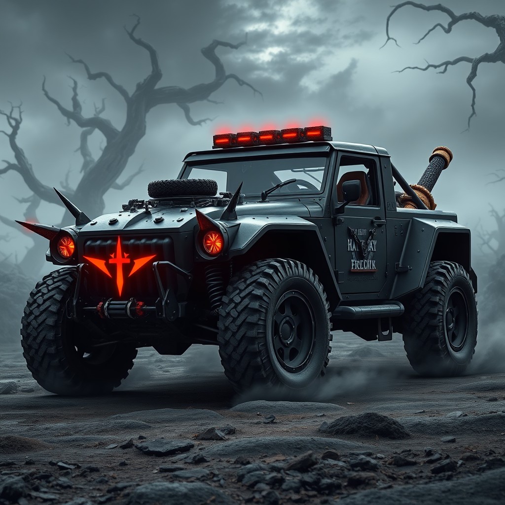 A dark fantasy retro rally concept car design inspired by the aesthetic of Berserk