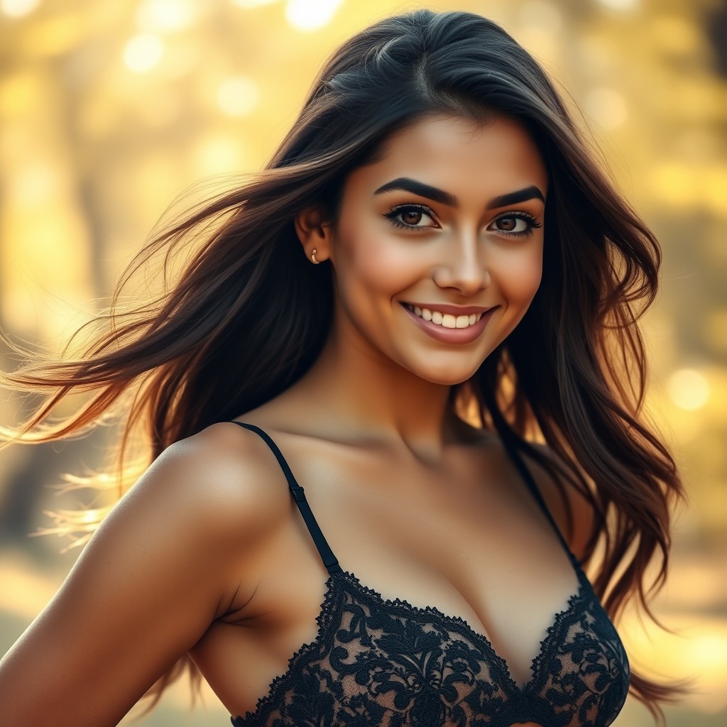 A stunning 18-year-old woman with beautiful features, captivating eyes, and a radiant smile, wearing an elegant and stylish lace bralette that complements her figure