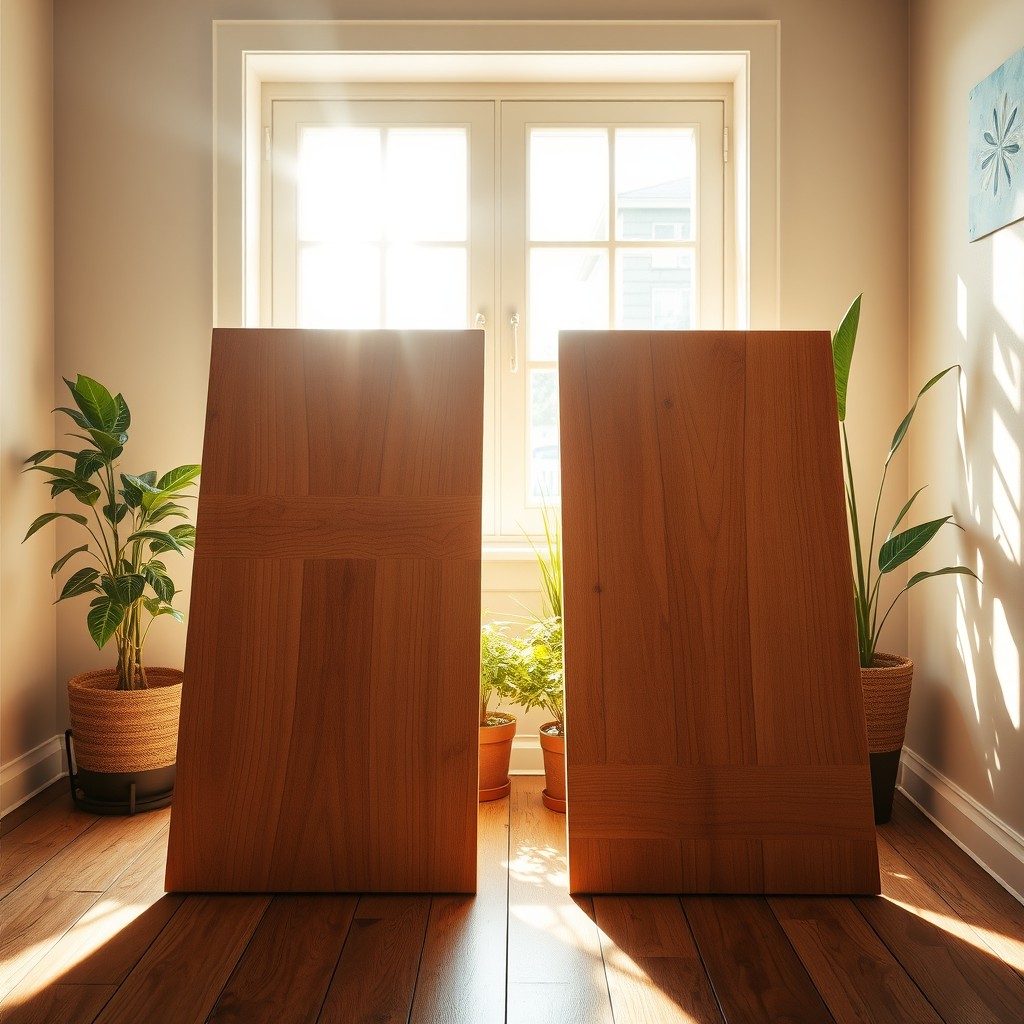 Two wooden planks positioned side by side against a bright sunlight window