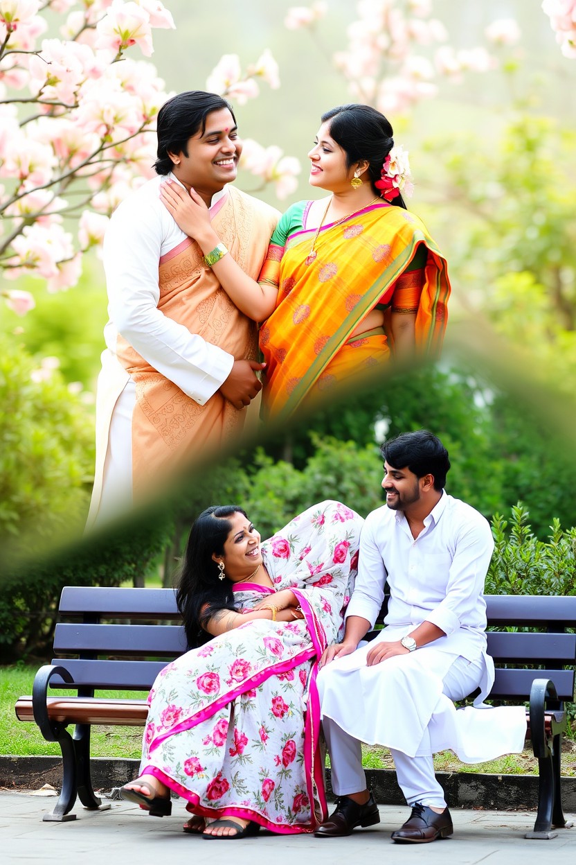 A romantic scene depicting two Indian Bengali couples deeply in love with each other, sharing a tender moment together