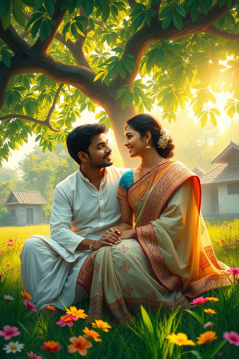 A beautiful digital painting of a Bengali couple in love, set in a lush green Indian village