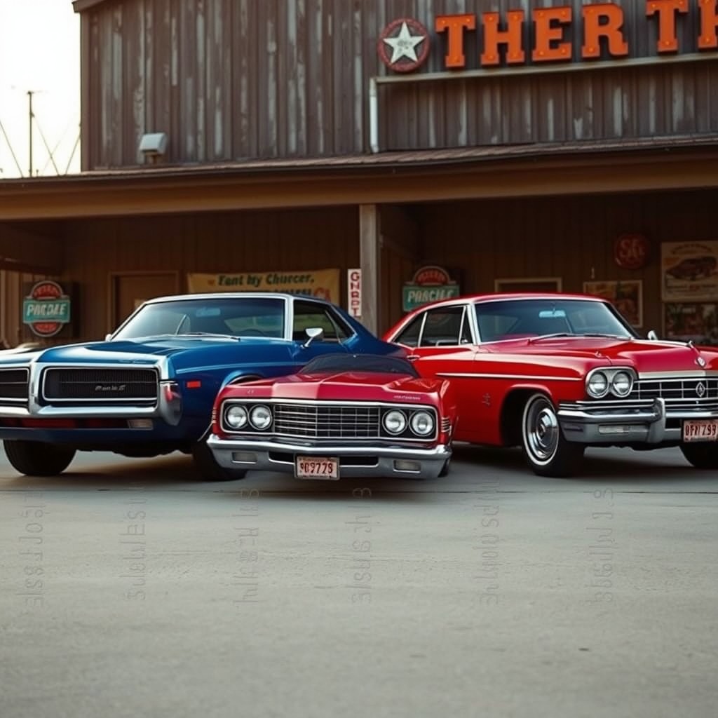 A captivating comparison image of a Chrysler E Body and a Chrysler B Body car positioned side by side, highlighting their distinctive features