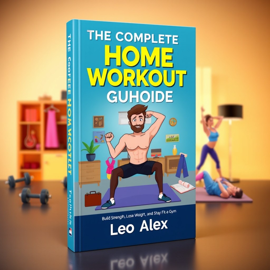 A visually captivating cover design for a fitness book titled 'The Complete Home Workout Guide by Leo Alex'