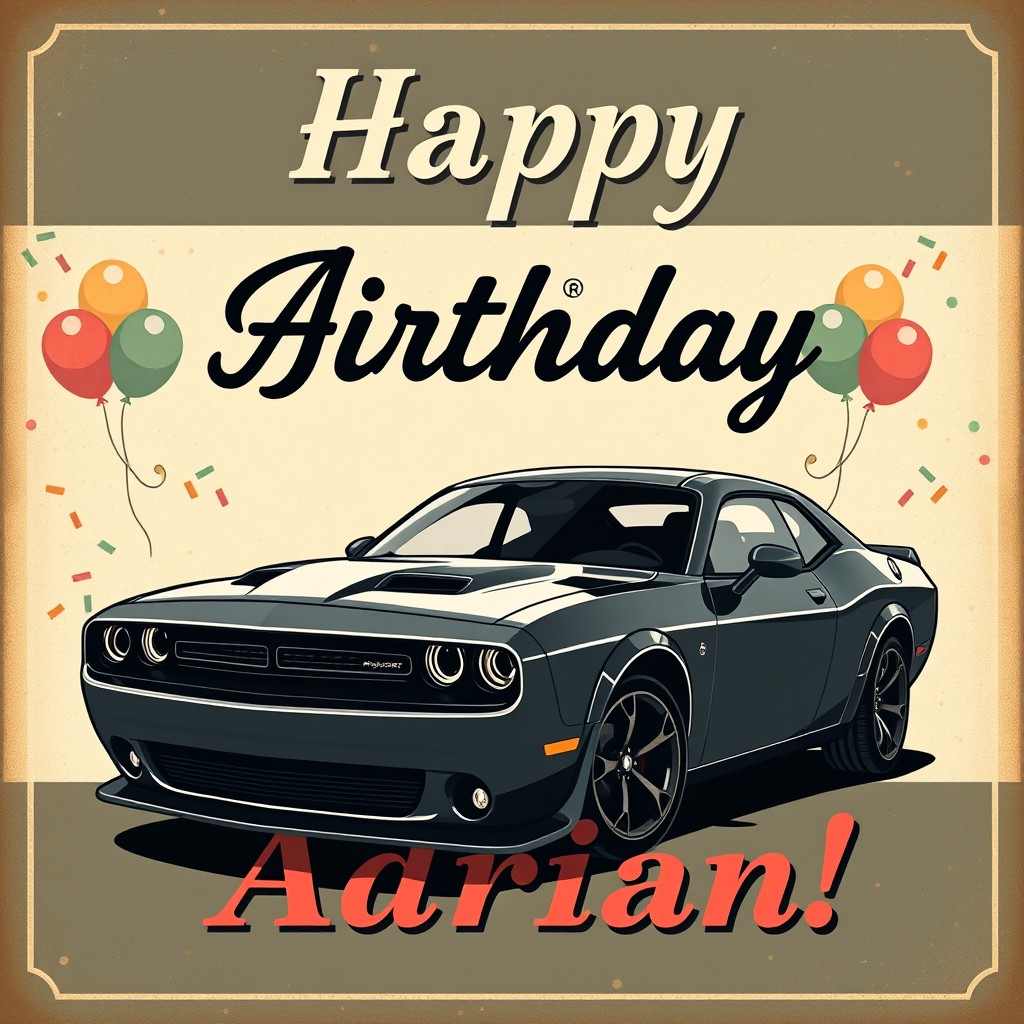 A vintage-style birthday celebration card for Adrian, featuring a black Dodge Challenger SRT Hellcat as the main illustration