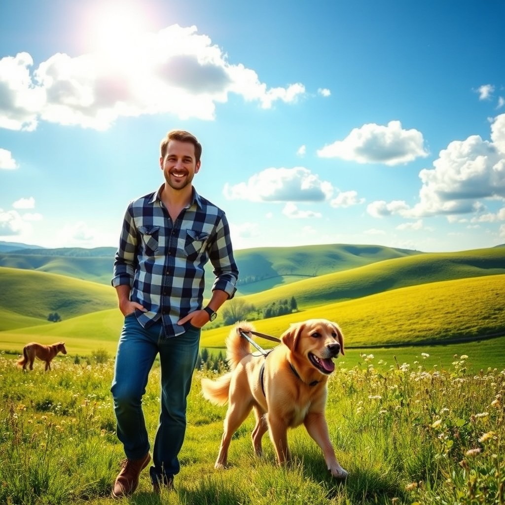 A serene countryside scene featuring a man and his dog walking together