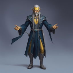 The image is a detailed, realistic depiction of a Githyanki wizard with sharp features, yellow skin, and pointed ears