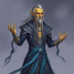 The image is a detailed, realistic depiction of a Githyanki wizard with sharp features, yellow skin, and pointed ears