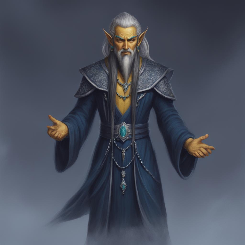 The image is a detailed, realistic depiction of a Githyanki wizard with sharp features, yellow skin, and pointed ears