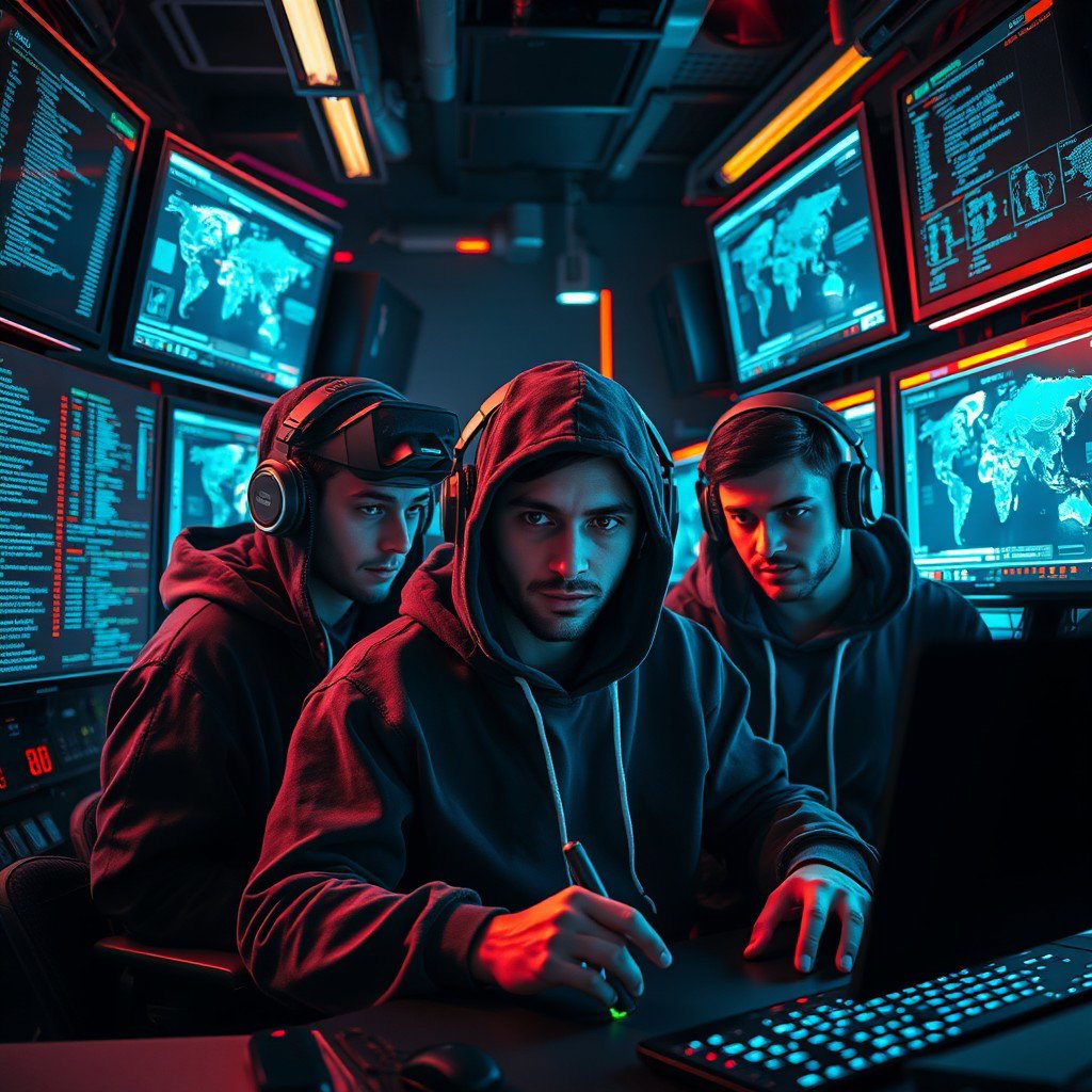 A group of skilled hackers in a high-tech environment, surrounded by multiple screens displaying code and digital maps
