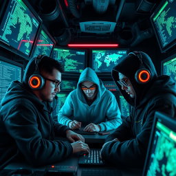 A group of skilled hackers in a high-tech environment, surrounded by multiple screens displaying code and digital maps