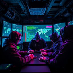 A group of skilled hackers in a high-tech environment, surrounded by multiple screens displaying code and digital maps
