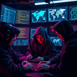 A group of skilled hackers in a high-tech environment, surrounded by multiple screens displaying code and digital maps