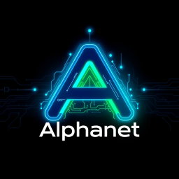 A sleek, futuristic logo design for 'Alphanet', featuring a stylized letter 'A' intertwined with digital elements and circuitry
