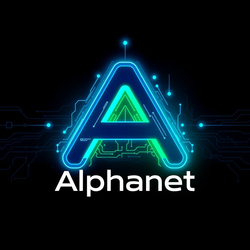 A sleek, futuristic logo design for 'Alphanet', featuring a stylized letter 'A' intertwined with digital elements and circuitry
