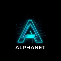 A sleek, futuristic logo design for 'Alphanet', featuring a stylized letter 'A' intertwined with digital elements and circuitry