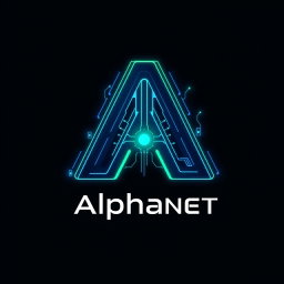 A sleek, futuristic logo design for 'Alphanet', featuring a stylized letter 'A' intertwined with digital elements and circuitry