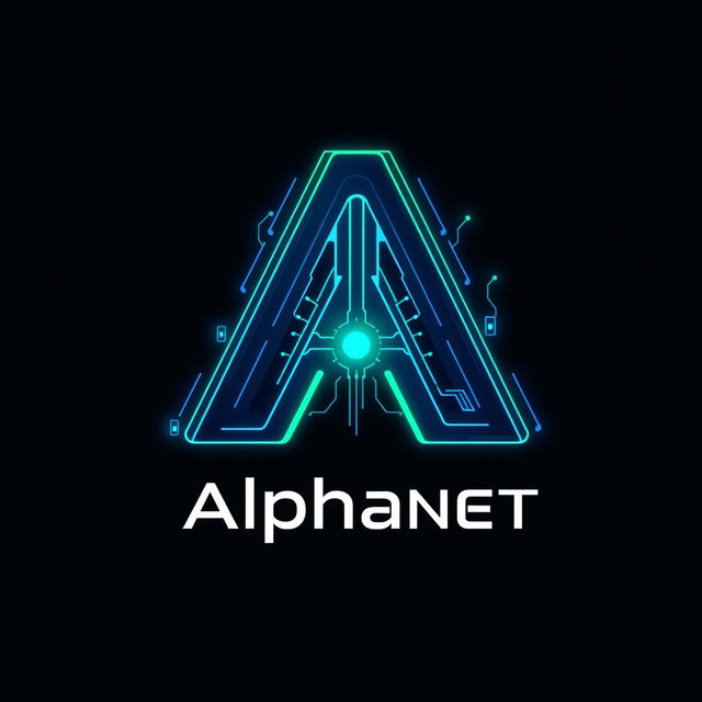 A sleek, futuristic logo design for 'Alphanet', featuring a stylized letter 'A' intertwined with digital elements and circuitry