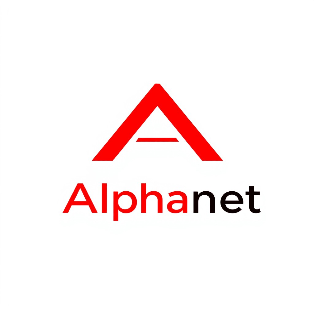 A modern logo design for 'Alphanet' featuring a prominent stylized letter 'A' in vibrant red