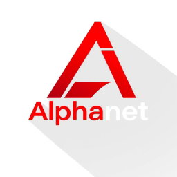 A modern logo design for 'Alphanet' featuring a prominent stylized letter 'A' in vibrant red