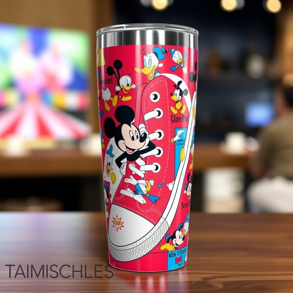 A stylish tumbler designed to resemble Mike's tennis shoe, featuring vibrant Disney character images intricately woven into the design