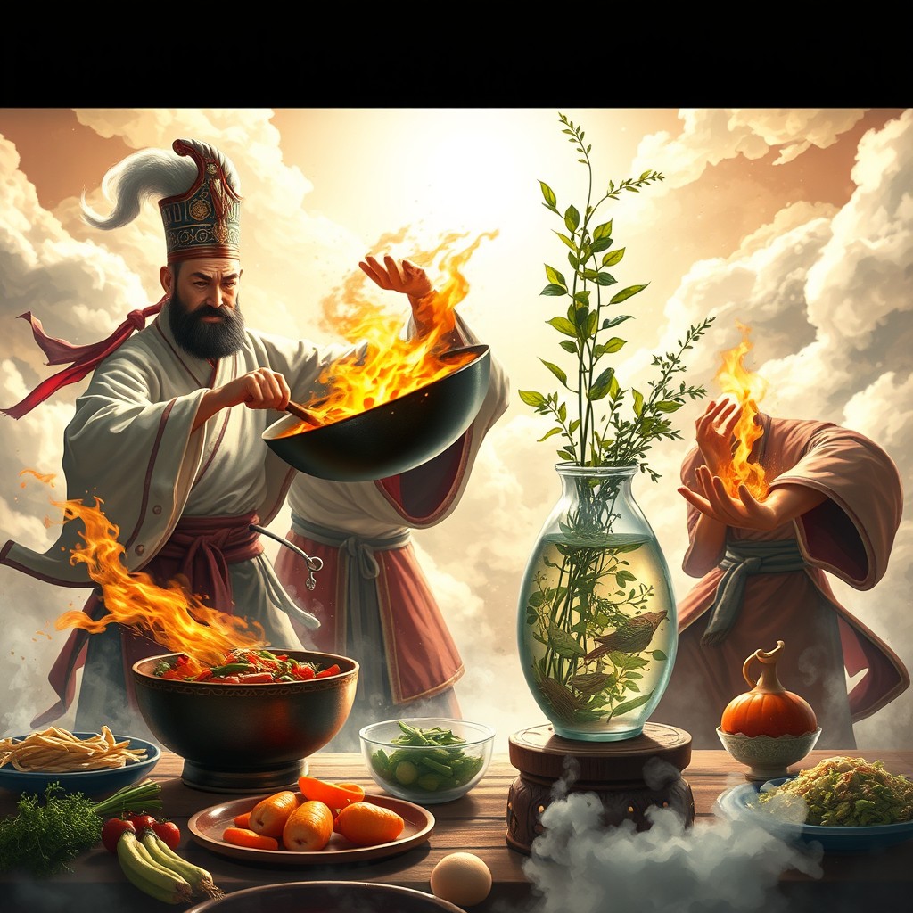 An epic scene depicting an ancient Chinese xianxia cooking battle, featuring skilled chefs dressed in traditional robes, passionately preparing an array of colorful and exotic ingredients