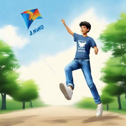 A realistic image of a 20-year-old boy wearing a t-shirt with the name 'Aanand' printed on it, and jeans with shoes. He is joyfully flying a kite.