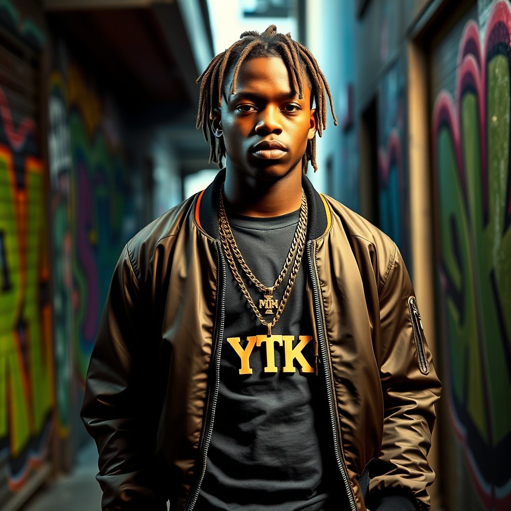 A young, confident gangster with short dreadlocks, wearing a stylish bomber jacket over a fitted t-shirt, standing in an urban alley adorned with vibrant graffiti