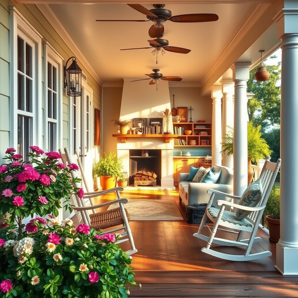 A warm and inviting cozy house, featuring a charming front porch with rocking chairs, surrounded by lush greenery and blooming flowers