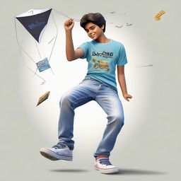 A realistic image of a 20-year-old boy wearing a t-shirt with the name 'Aanand' printed on it, and jeans with shoes. He is joyfully flying a kite.