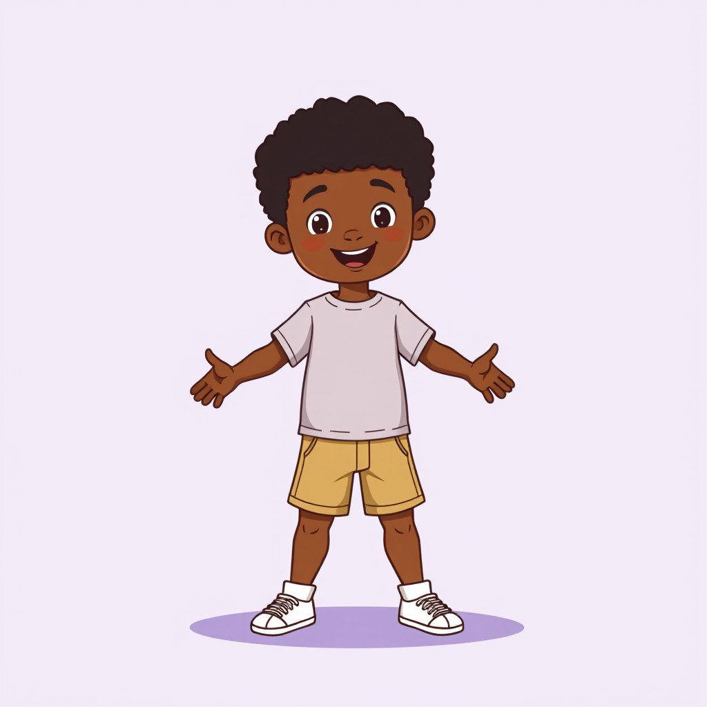 A 2D educational illustration of a young Afro boy in full body, front view, depicted in a simple cartoon style