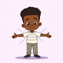 A 2D educational illustration of a young Afro boy in full body, front view, depicted in a simple cartoon style