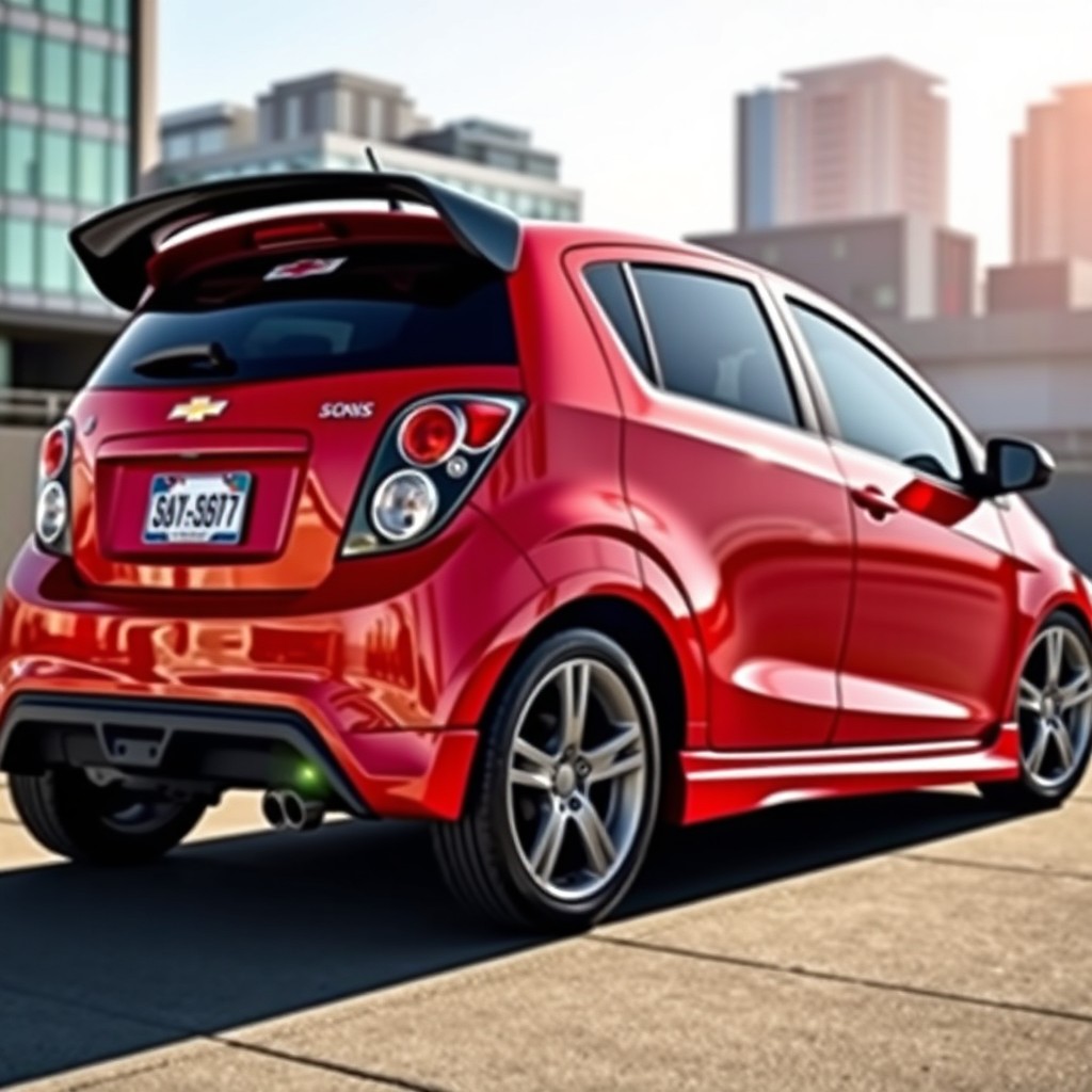 A visually striking Chevrolet Sonic, showcasing a custom spoiler attached to the rear