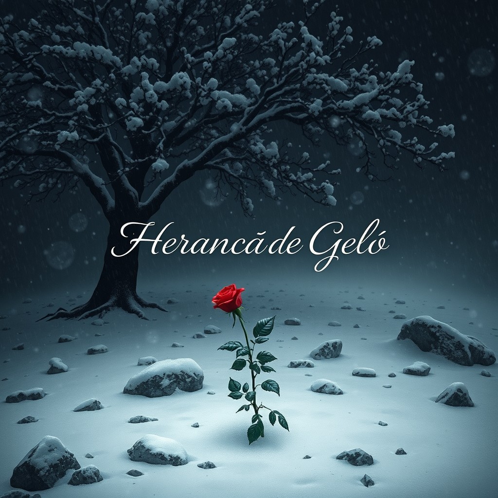 A book cover in dark realism style, featuring a melancholic and cold scene of a tree full of leaves amidst a heavy snowfall, with snow falling intensely rather than just a few flakes