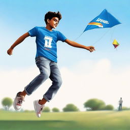 A realistic image of a 20-year-old boy wearing a t-shirt with the name 'Aanand' printed on it, and jeans with shoes. He is joyfully flying a kite.