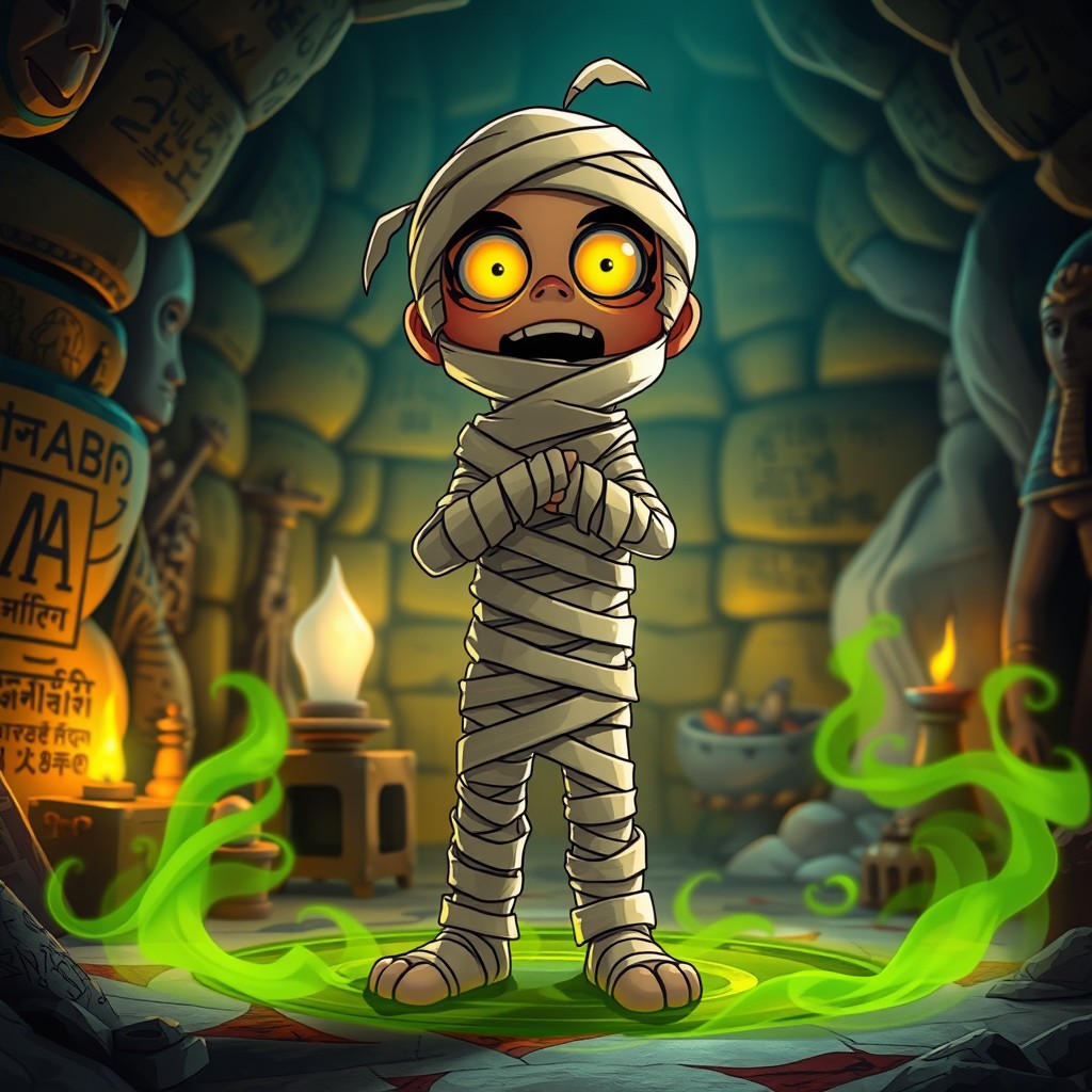 An animated depiction of a classic mummy, wrapped in ancient bandages with glowing eyes, standing in a dark, mysterious tomb filled with hieroglyphics and artifacts