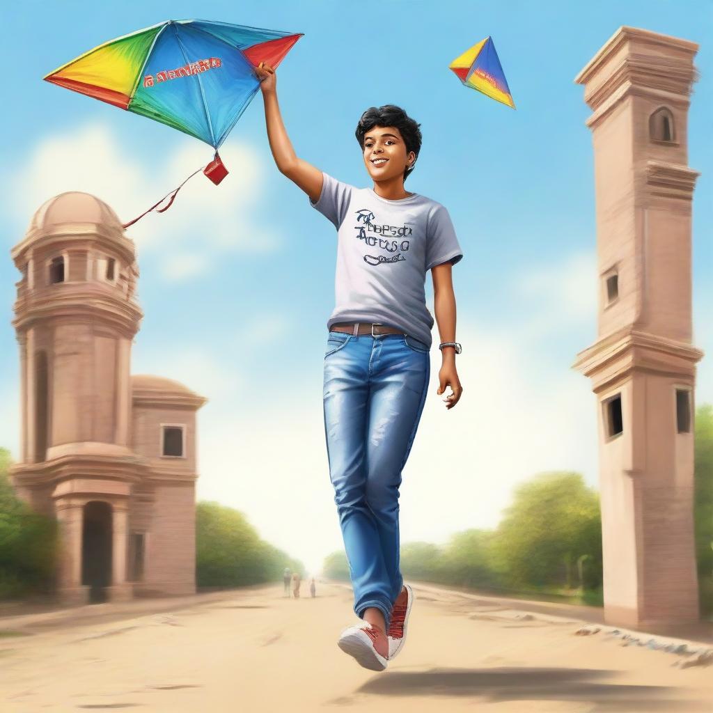 A realistic image of a 20-year-old boy wearing a t-shirt with the name 'Aanand' printed on it, and jeans with shoes. He is joyfully flying a kite.