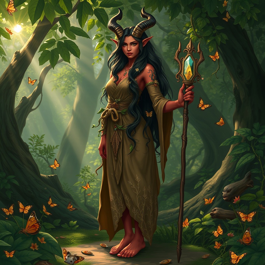 A female tiefling druid standing amidst a lush forest, her skin a rich shade of deep red, with elegant curved horns protruding from her forehead