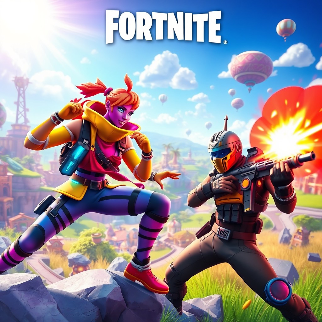 A vibrant and action-packed Fortnite thumbnail showcasing an epic battle scene featuring colorful characters in dynamic poses