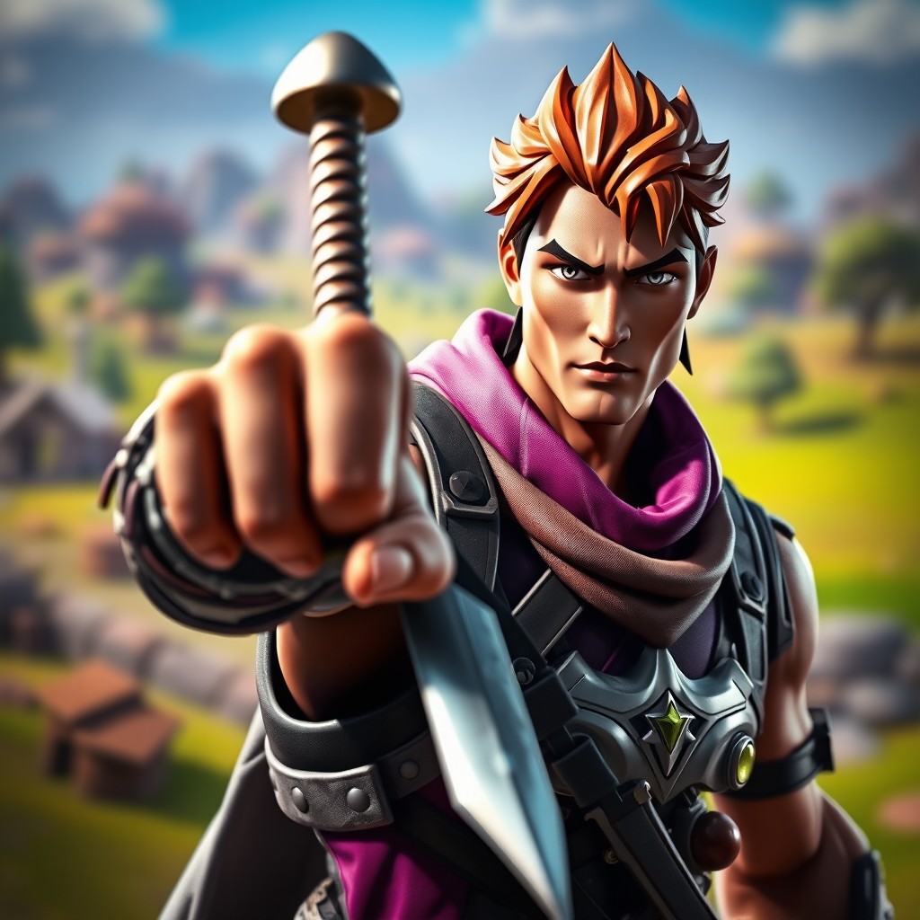 A striking image of a Fortnite character holding a sword out towards the viewer, exuding a serious and determined expression