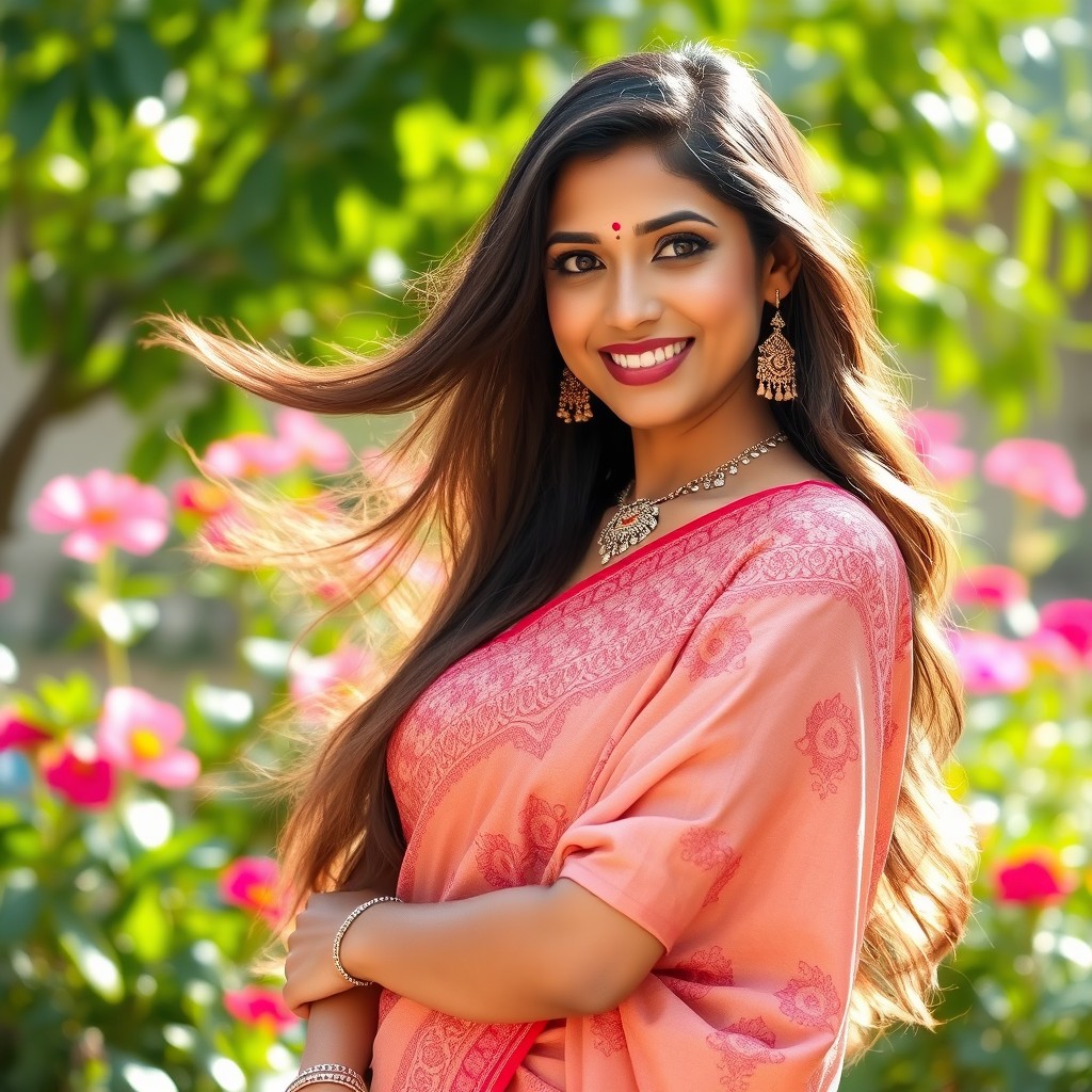 A beautiful Indian woman with long flowing hair and a captivating smile, dressed in a traditional saree adorned with intricate patterns and embellishments