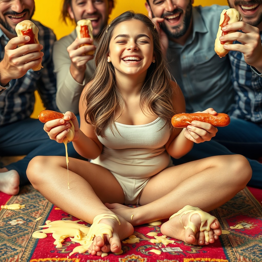 A hot chubby 18-year-old girl with dark blonde hair sitting criss cross on a colorful rug, smiling with her eyes closed, radiating joy and happiness