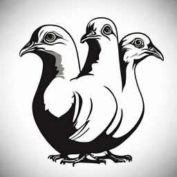 A three-headed pigeon formatted in a simplistic, high contrast, vector style line art, depicted in black and white.